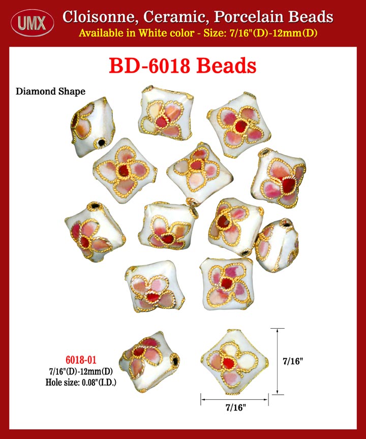 Cloisonne Diamond Beads - White Color Enamel Flower Arts.