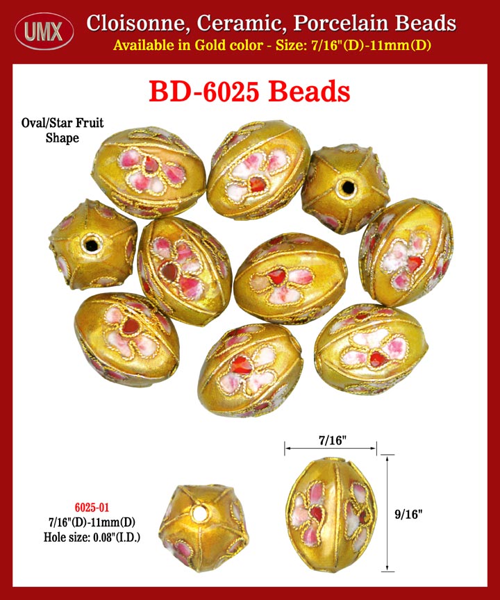 Cloisonne Neck Lace Beads - Oval Gold Color Enamel Flower Arts.