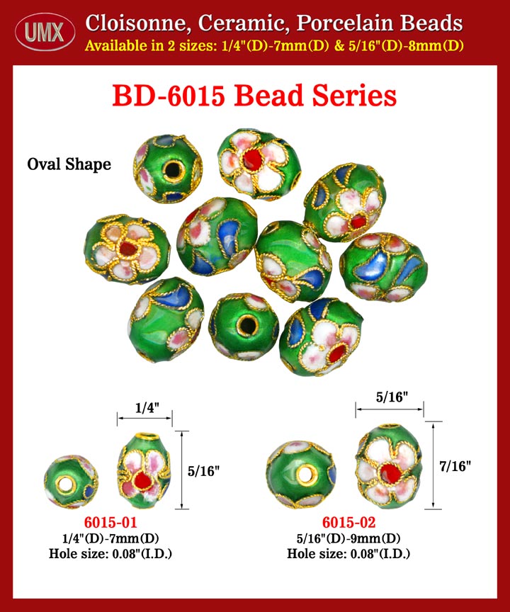 Cloisonne Oval Beads - Green Color Enamel Flower Arts.