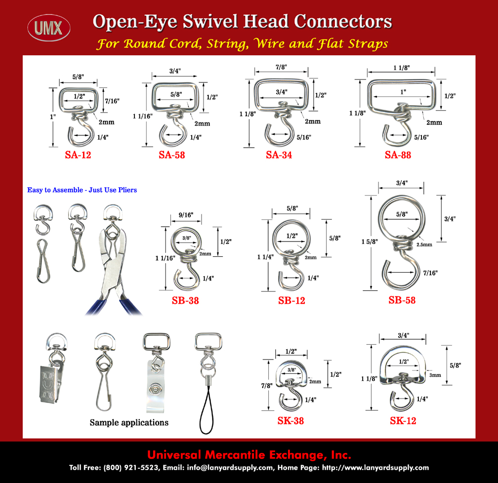 Swivel Head Connector - For Round Cord, String, Wire and Flat Straps With Open-Eye - For Easy Hook-Up