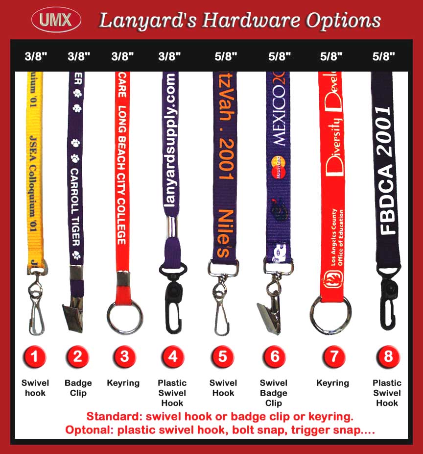 Lanyards Hardware Options: Swivel hooks, Keyrings or Badge Clips.