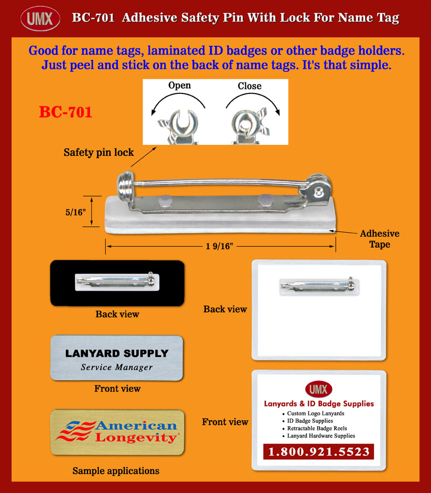 Adhesive Pin Clip Name Tag and ID Holders With Safety Locks