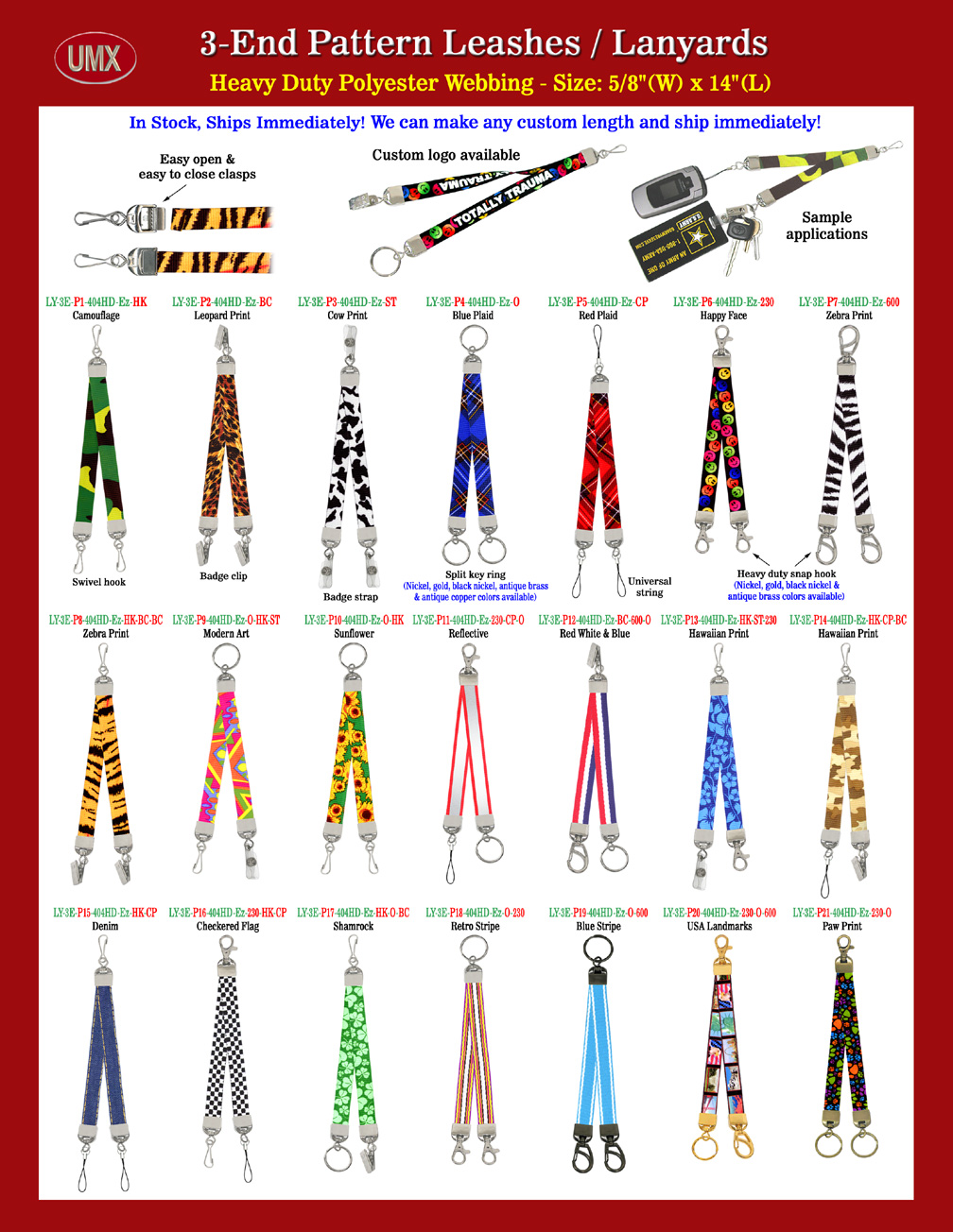 5/8" Ez-Adjustable Pre-Printed Pattern 3-End Leash Lanyards - Non-Custom-Imprinted Models