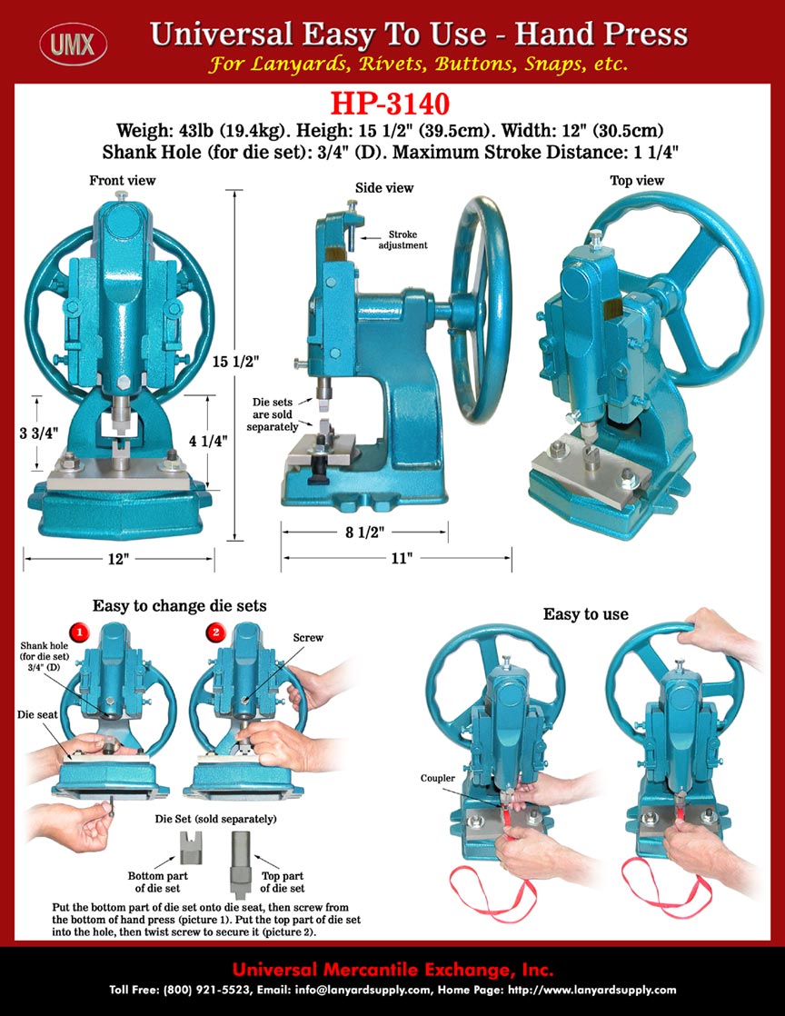 We sell hand press together with lanyard couplers and die sets to make your lanyards making easy. With our online simple and helpful photos of How-To-Make lanyard instructions, you should be able to make your own lanyards easily. 