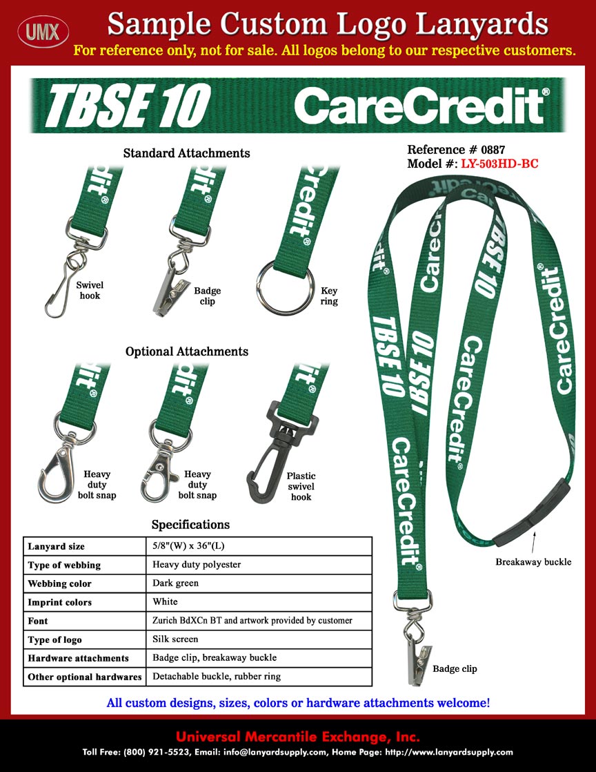 5/8" Custom Printed Safety Lanyards: TBSE 10 CareCredit Lanyards - Dark Green Color Lanyard Straps With White Color Logo Imprinted Safety Breakaway Lanyards.