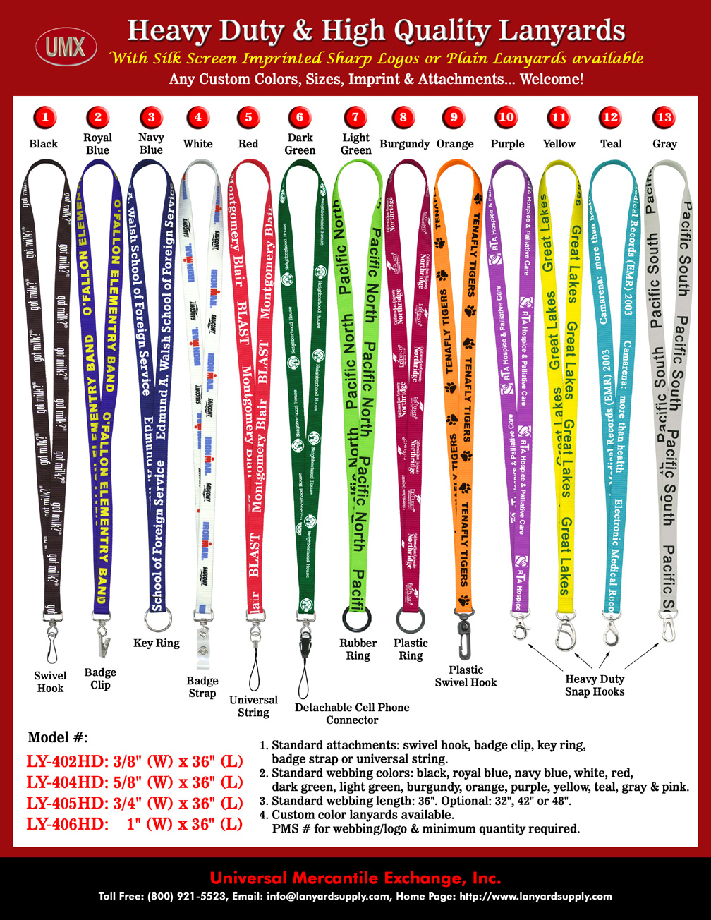 3/8", 5/8", 3/4" & 1"  Heavy Duty Custom Lanyards with Silk Screen Imprinted Logos