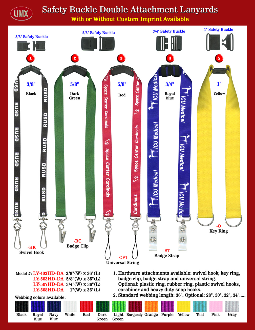 3/8", 5/8", 3/4"& 1" Heavy Duty Safety Breakaway Buckle Style Double-End Neck Lanyards Neck Lanyards.