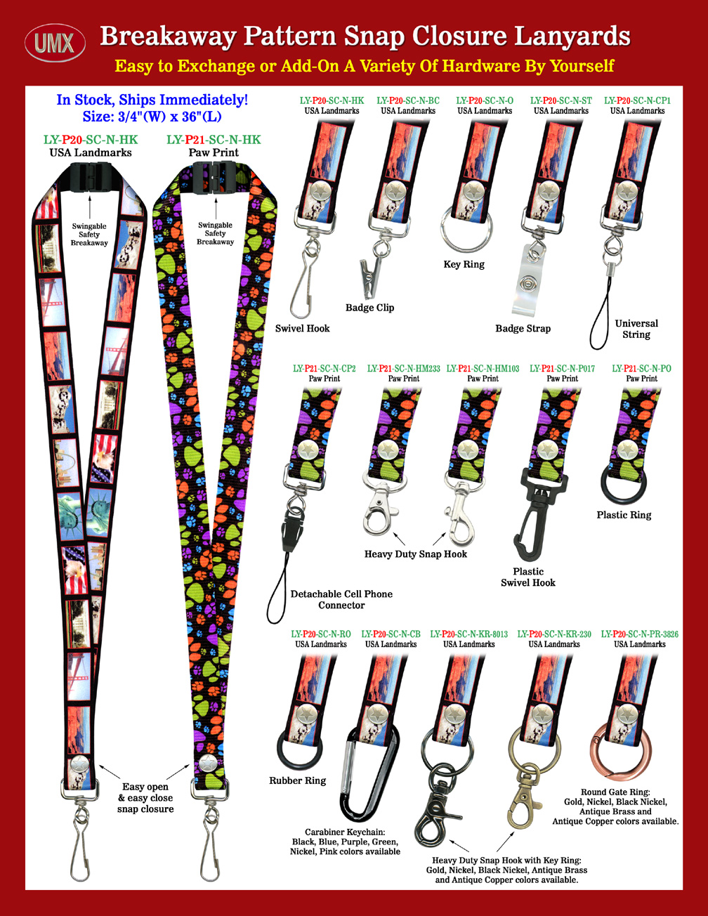 3/4" USA Landmark and Paw Print Safety Breakaway Snap Closure Lanyards.