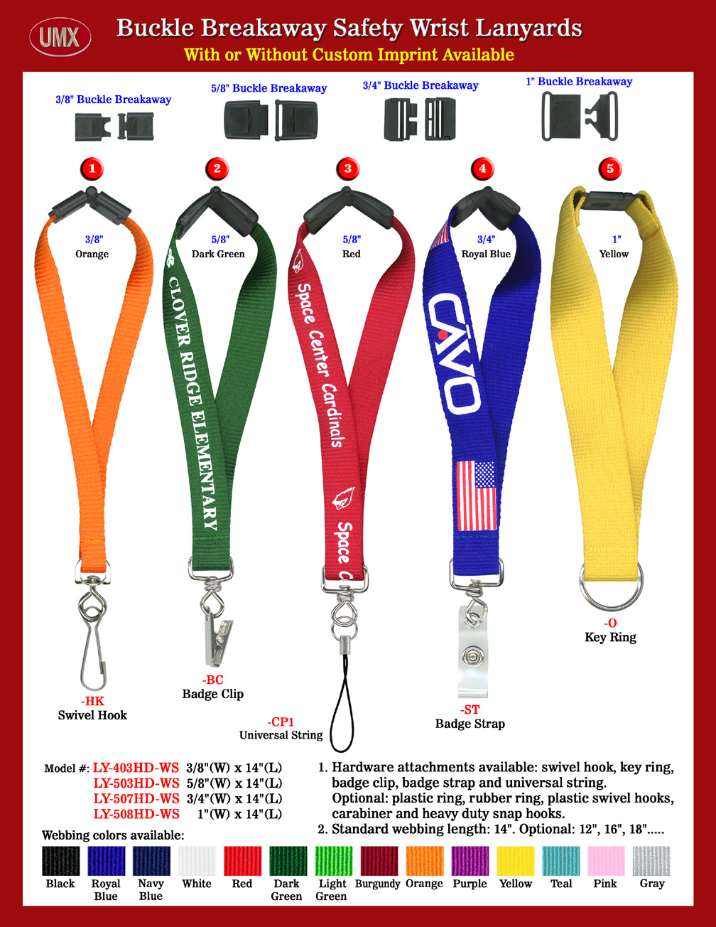 Custom Order or Custom Safety Breakaway Buckle Heavy Duty Wrist Lanyards With Sewn-On Hardware