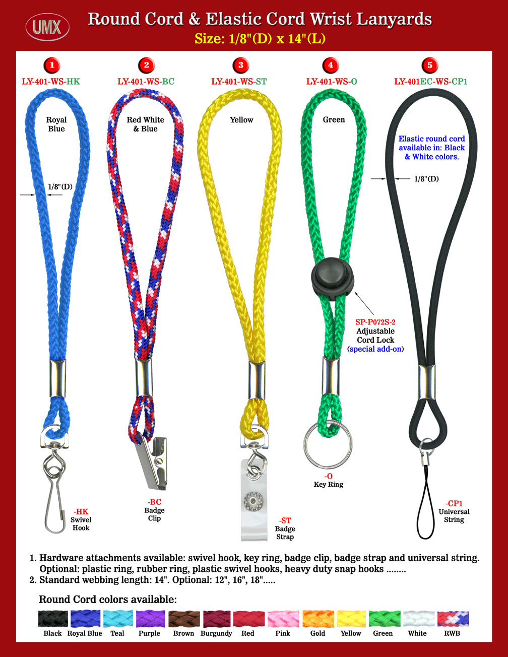 Custom Order 1/8" Nylon and Elastic Round Cord Wrist Lanyards With Metal Coupler Fastening Hardware.