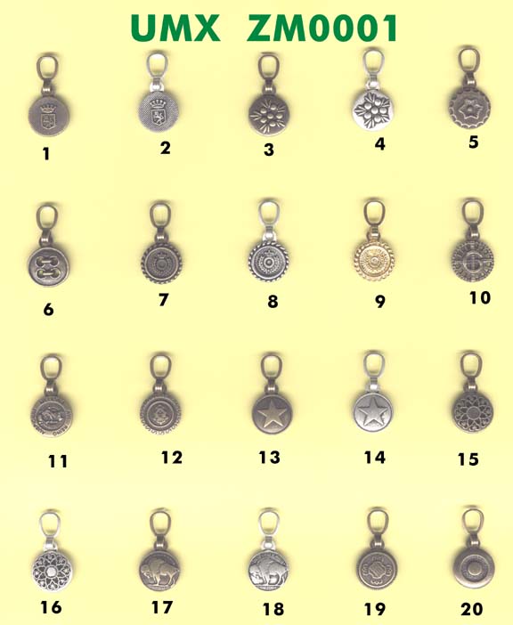 Metal fashion zipper pulls, fashion pulls zm001 series for zipper, bags, belts, buckles, buttons, notions,
novelties, shoes, ornaments, trims, trimmings, laces, snaps, hooks and apparel industries